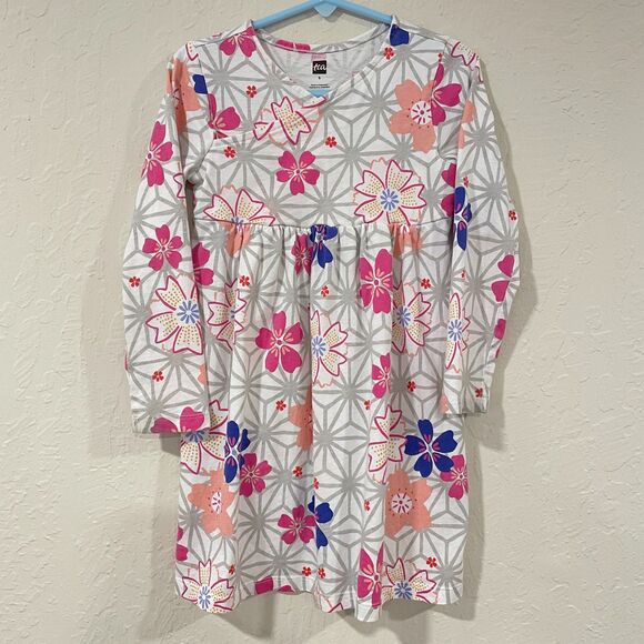 ~ Tea Dress, 5 Girls, Floral, Long Sleeve, Wrap, Pink Gray Purple Cotton Stretch - Picture 11 of 14